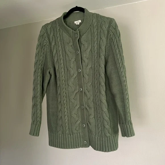 L.L. Bean Double L® Cable Sweater, Button-Front Cardigan - Bay Leaf Green - Picture 2 of 7